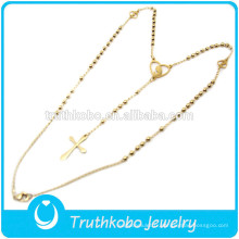TKB-JN0028 Bijoux en gros perles de chapelet doré croix en acier inoxydable 316L collier pour femmes